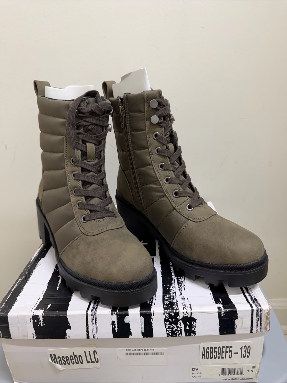 Olive Green Lace-Up Quilted Combat Heeled Boots - Women